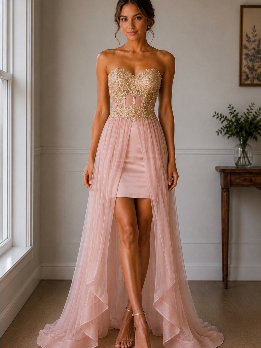 Sequin Hearts Blush Pink Strapless High-Low Tulle Dress with Gold Appliqué, S 0